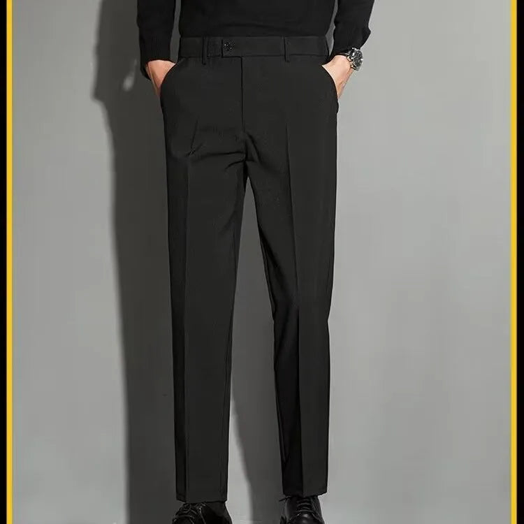Men's straight cut suit trousers with ankle-length finishing in polyester blend fabric