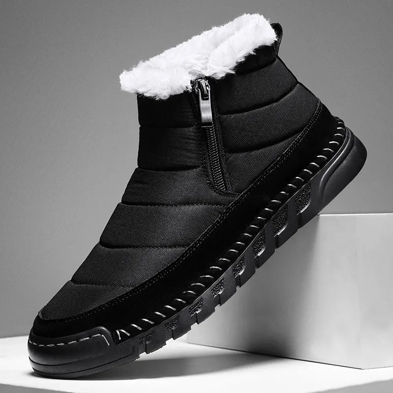 Men's plus size snow boots in black colour with round toe and non-slip rubber sole