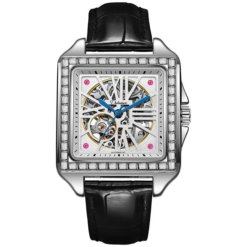 Men's square automatic watch with diamond studs on case, business style with black or white strap options.