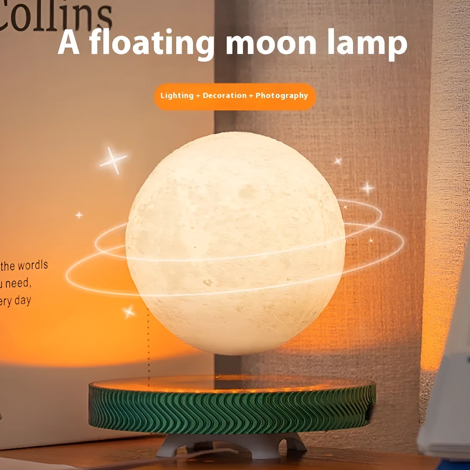 3D printed magnetic suspension moon lamp in celestial design with choice of power supply plugs