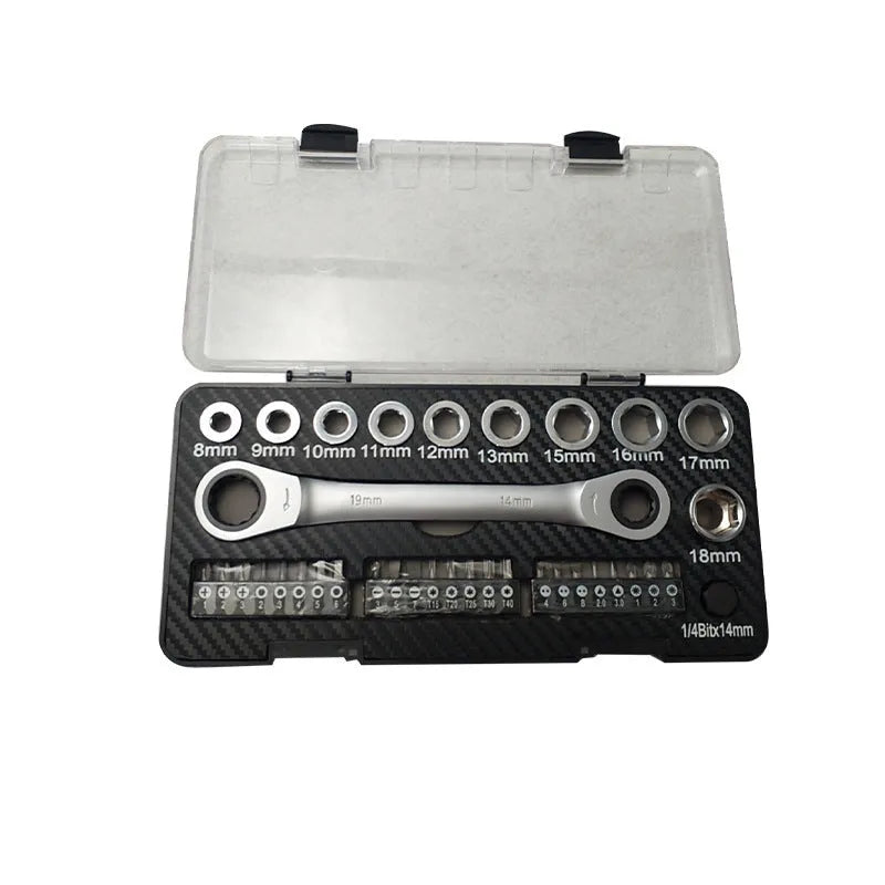 Two-way ratchet wrench set with sockets and batch heads for mechanical maintenance