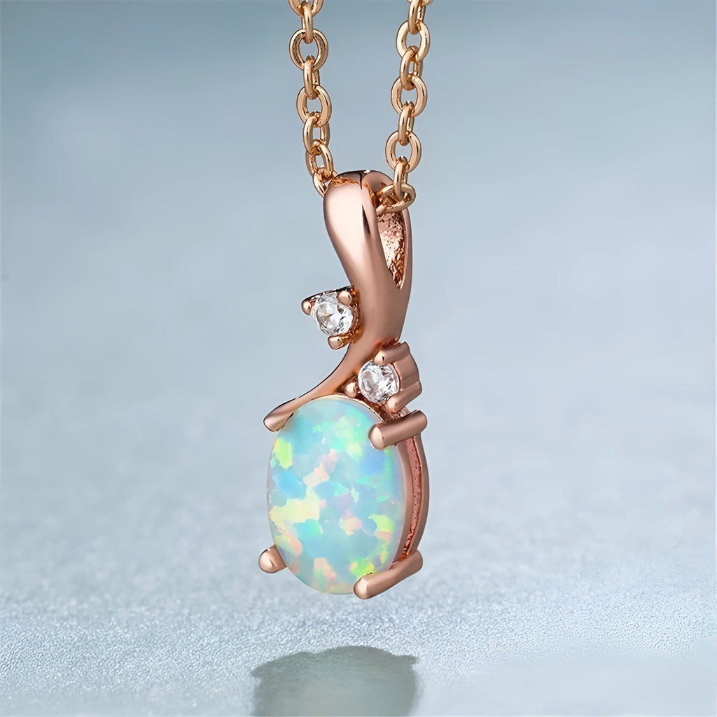 Water drop opal pendant necklace on O-shaped alloy chain in rose gold or white colour