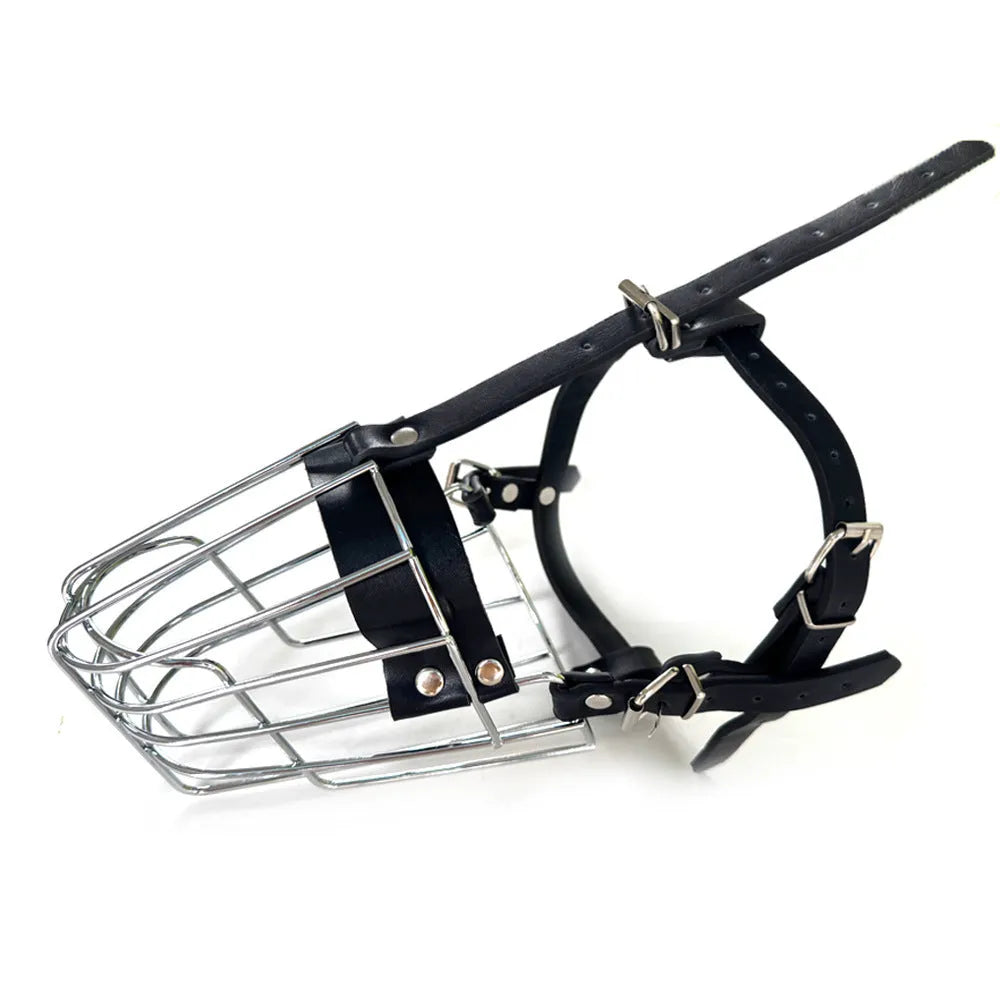 Black metal dog muzzle designed for Golden Retrievers and German Shepherds with buckle strap.