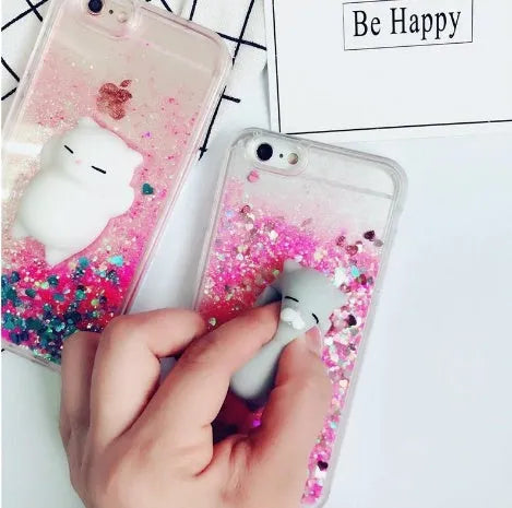 Colourful glitter cat design phone case shown on an iPhone, with cutouts for camera and ports visible.