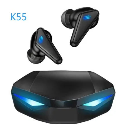 Blue Private Model K55 wireless Bluetooth gaming earbuds with TWS design.