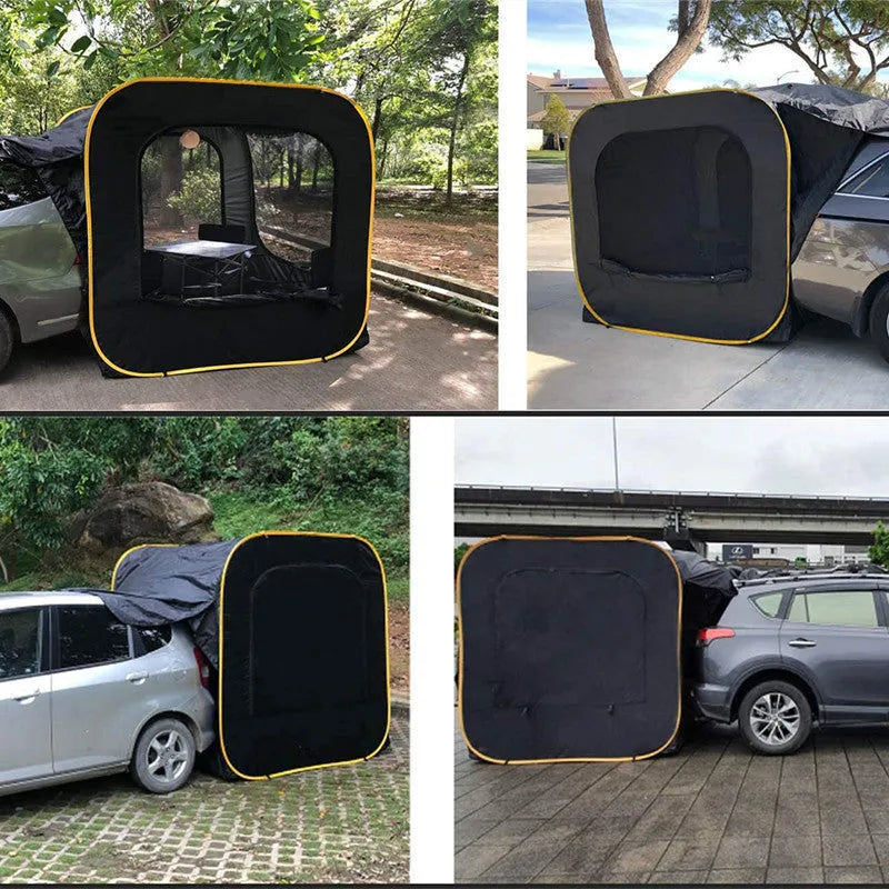 Black pop-up car tail tent with quick-throw design and steel framework
