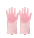 Blue silicone cleaning gloves with textured scrubbing patterns on fingers and palms.