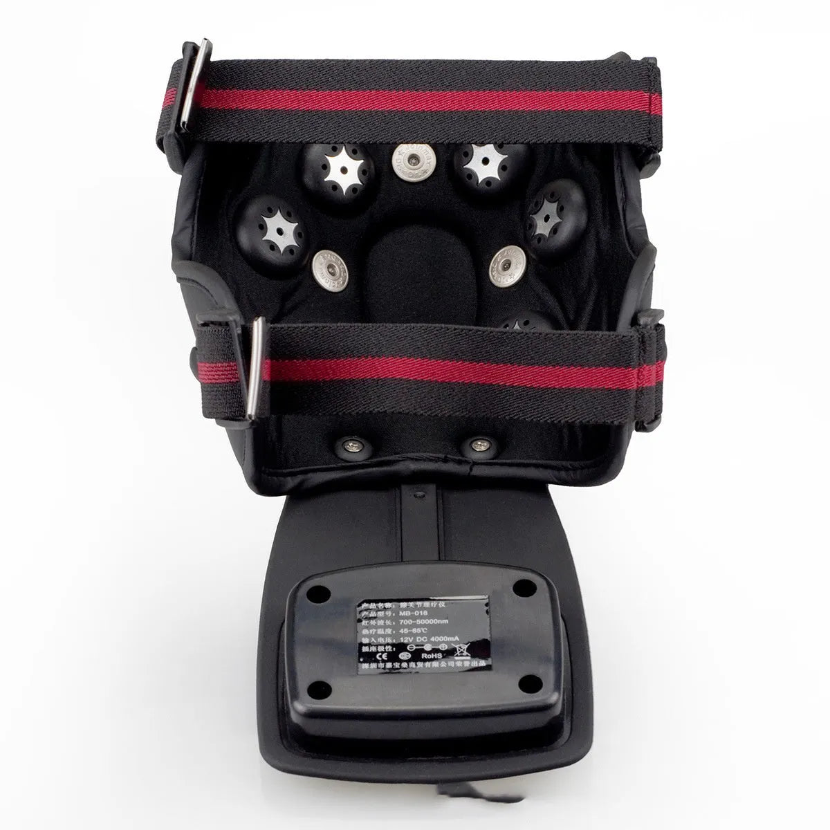 Infrared knee and shoulder massager with adjustable temperature control, knee pads, shoulder pads, and power adapter.