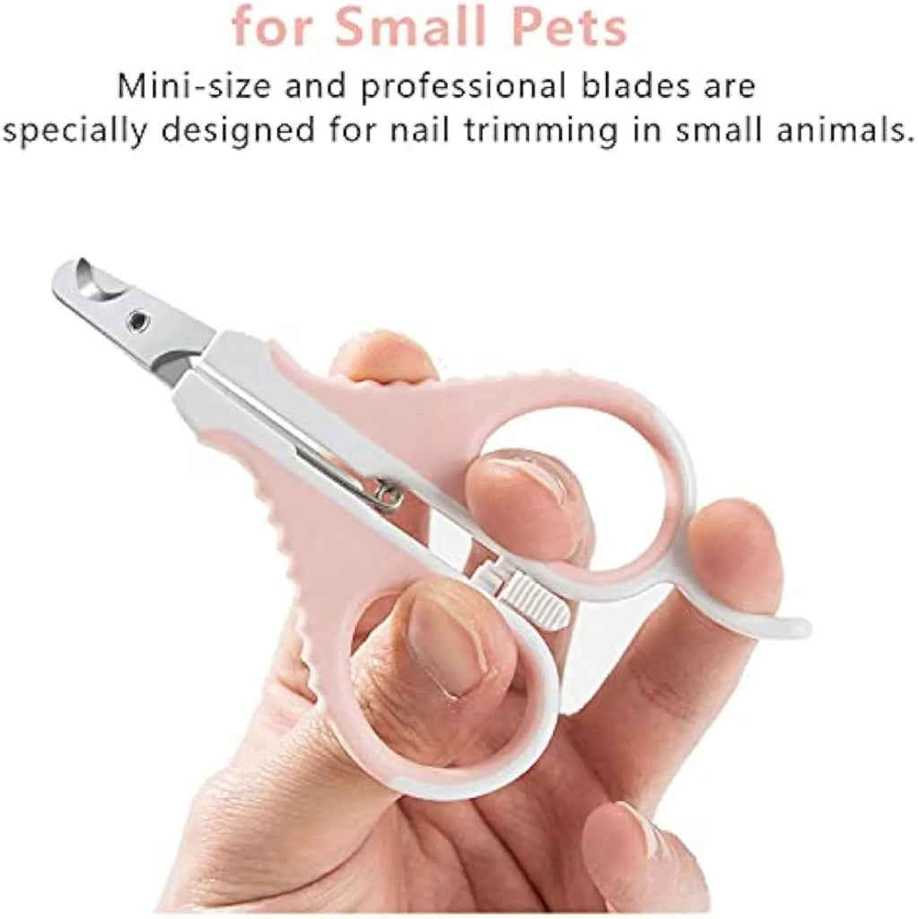 Grey and pink handled cat nail clippers with angled stainless steel blade and safety lock.