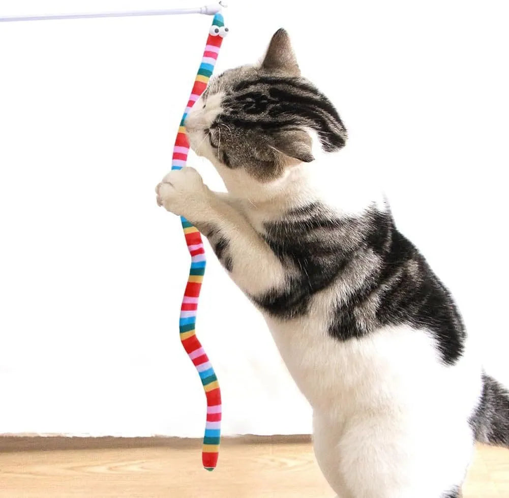 Long plush cat teaser wand toy with polycarbonate handle and colourful soft strip