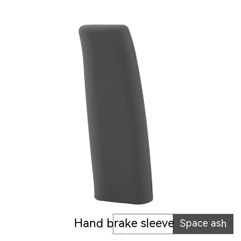 Universal silicone handbrake sleeve for cars shown in available colours: black, gray, beige, red, and blue.