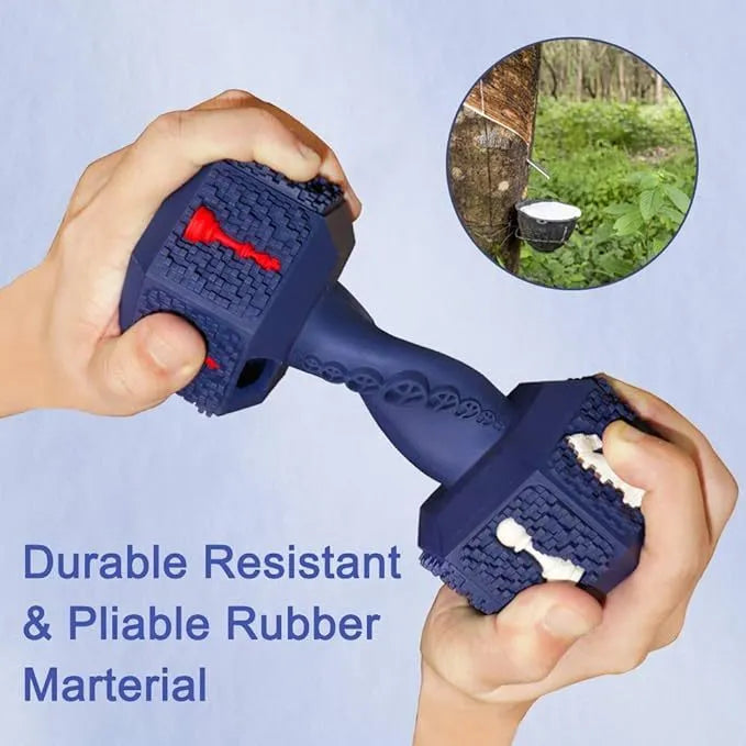 Heavy-duty dog chew toy dumbbell shape with hollow ends for treats in black or blue colour