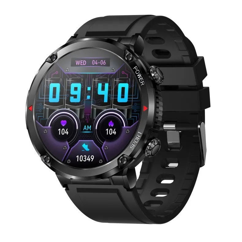 Black T30 Smart Watch with 52mm IPS screen showing Bluetooth calling interface and silicone strap