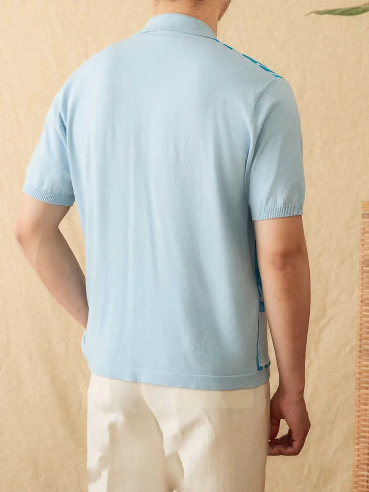 Short-sleeved striped knit cardigan polo shirt with a lapel collar, shown in a light blue colour.