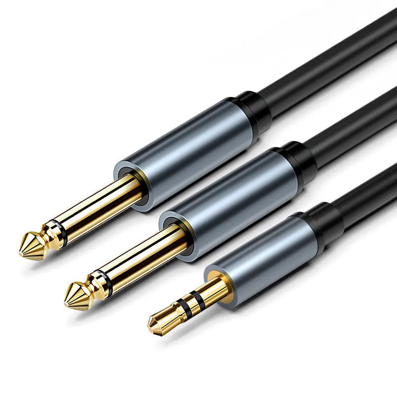 3.5mm to two 6.35mm male audio splitter cable with black cord and metal connectors