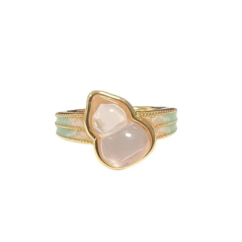 Adjustable women's gourd ring with zircon inlay in oil dripping vintage colours on copper base