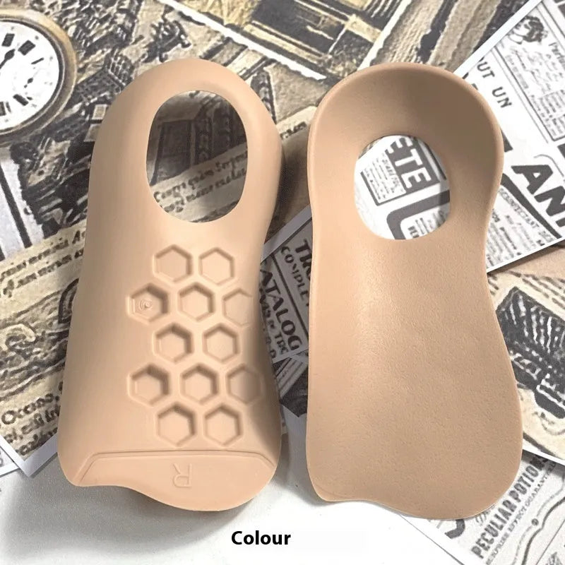 TPR arch support varus correction insoles in white, black, and skin colour showing size ranges 35-39 and 40-45.