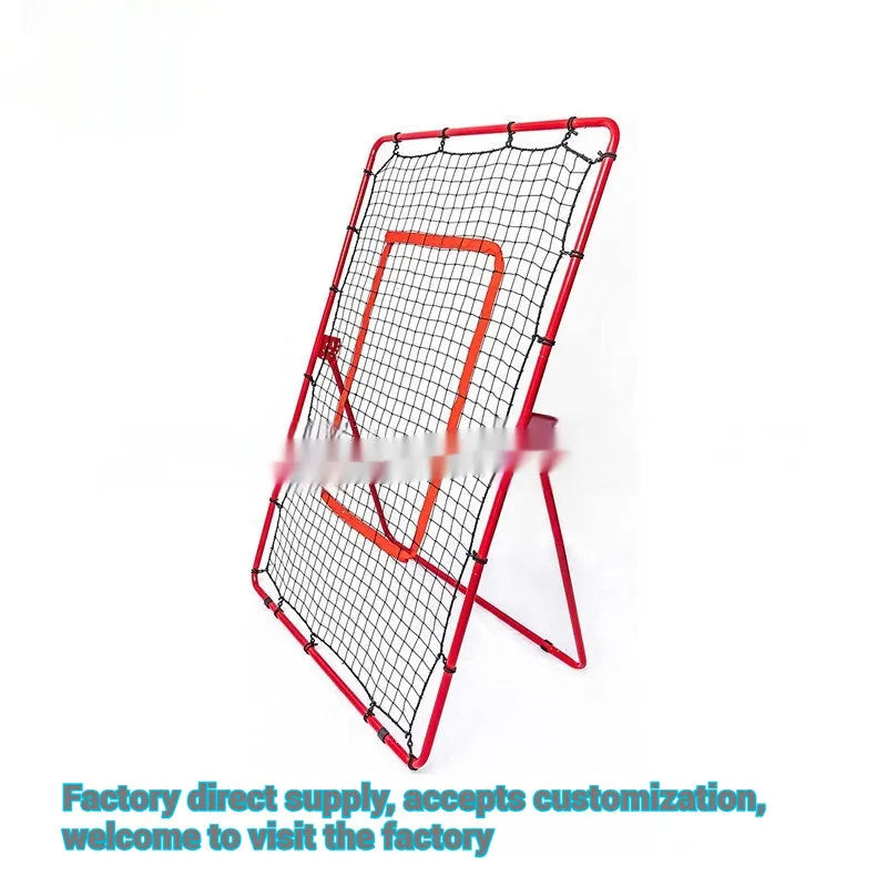 Red portable baseball training net with adjustable metal frame folded for storage