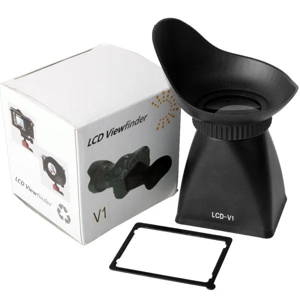 Black camera LCD viewfinder amplifier with 2.8x magnification mounted on a DSLR camera.