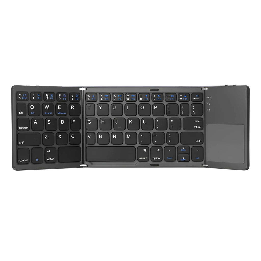 Ultra-thin tri-fold folding touch Bluetooth keyboard showing folded and open positions with integrated touchpad