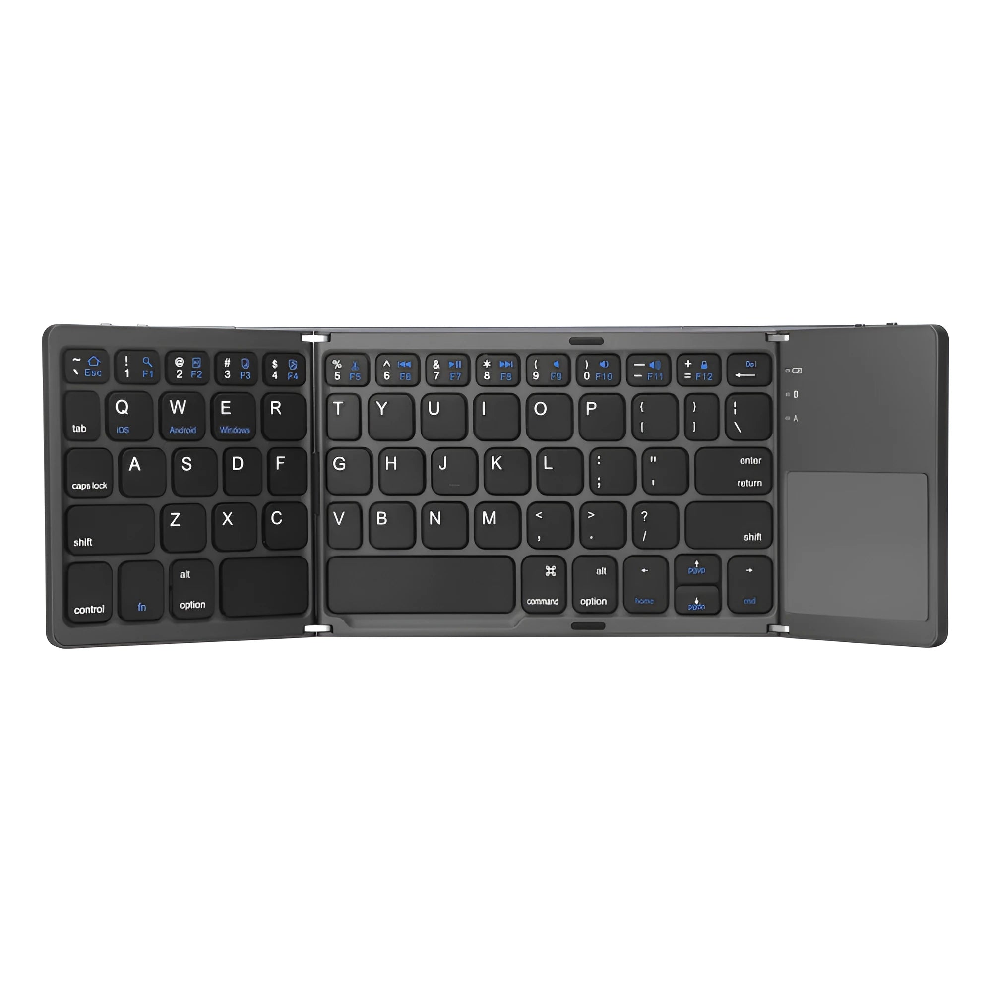 Ultra-thin tri-fold folding touch Bluetooth keyboard showing folded and open positions with integrated touchpad