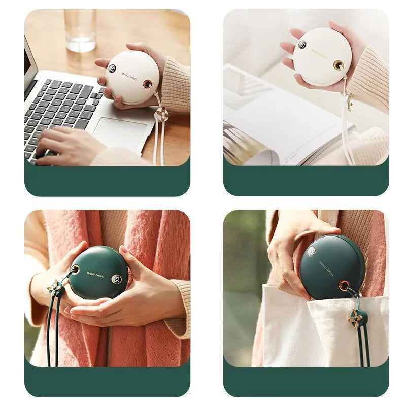 Green hand warmer power bank with digital display showing battery percentage, dimensions 89.5mm