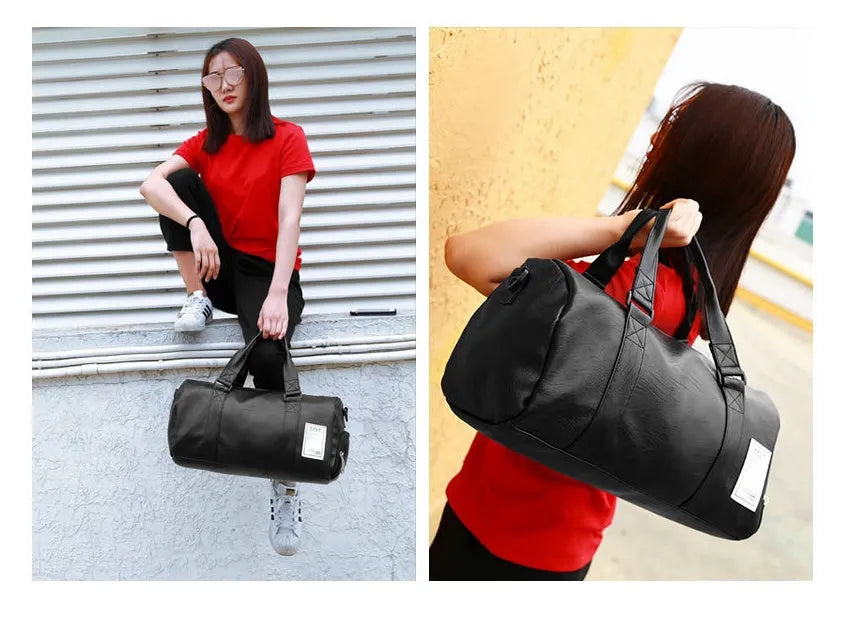 Large black waterproof sports gym bag with separate side shoe compartments and a diagonal carry strap.