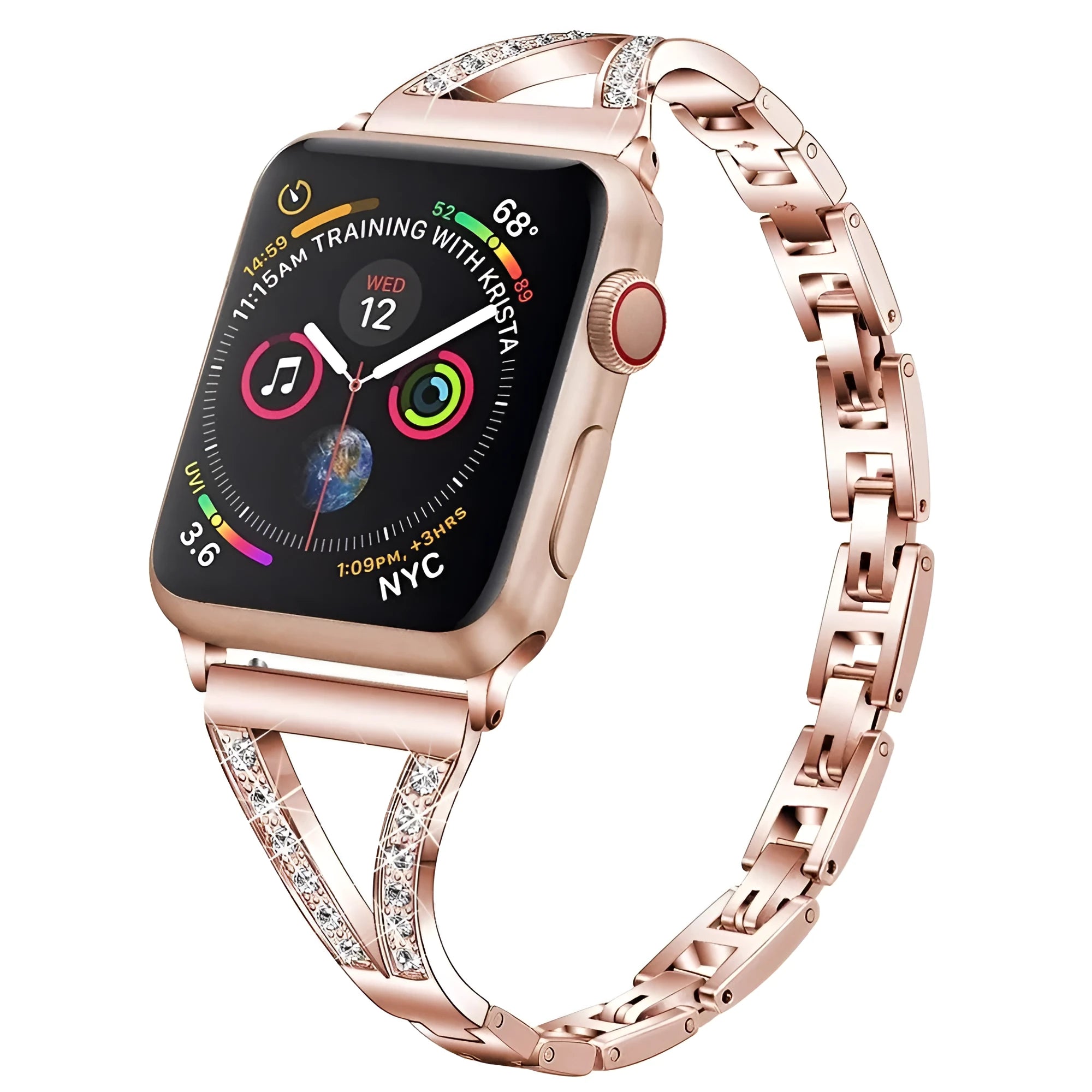Stainless steel Apple Watch strap with a diamond-studded clasp in various colours.