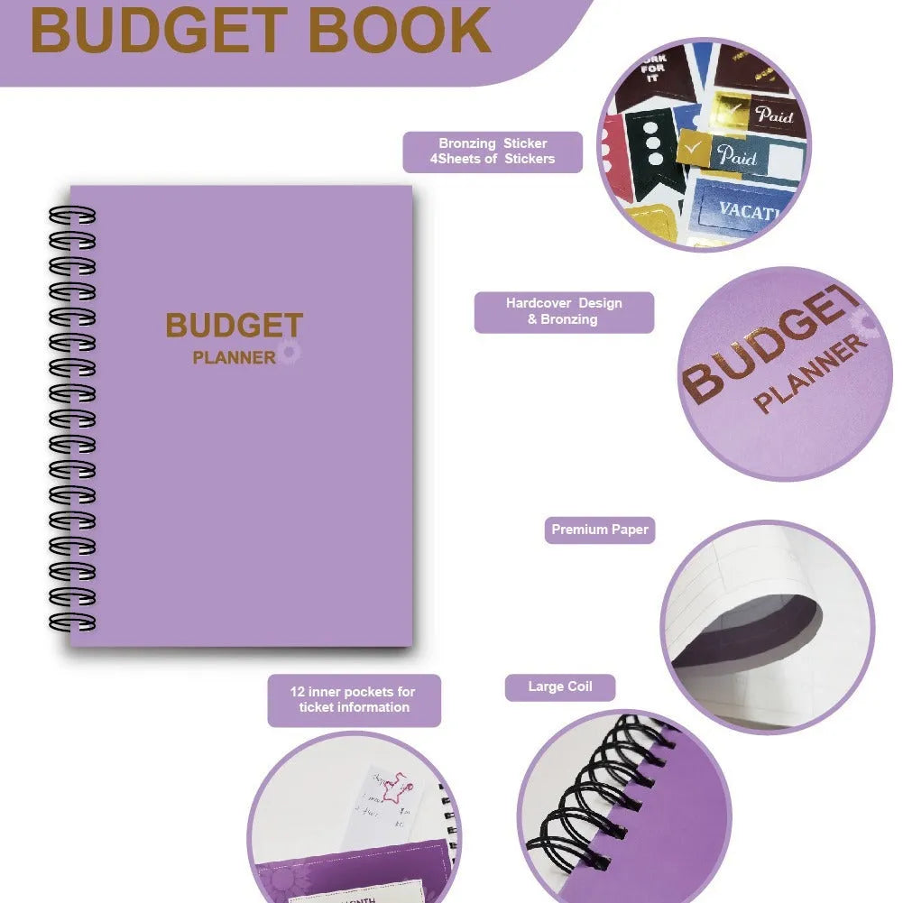 Purple coil-bound financial planning notebook with budget stickers and paper clips on A5 page