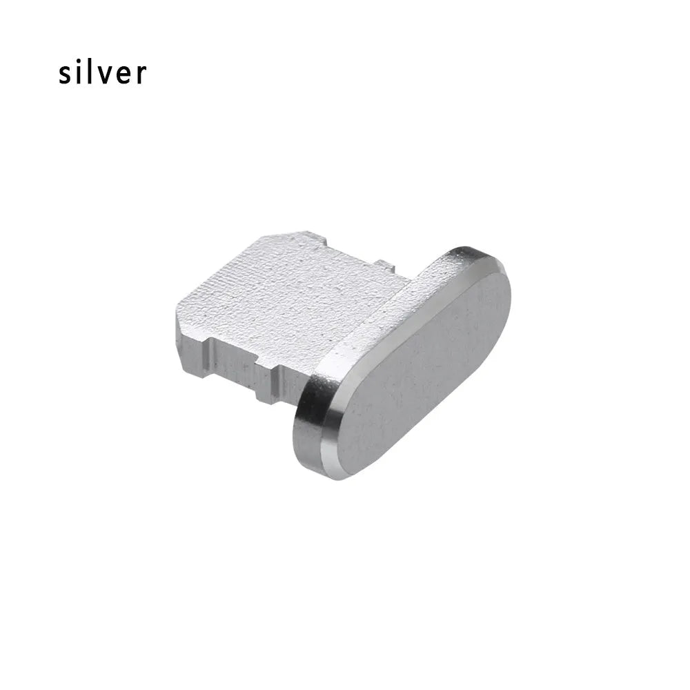 Aluminium alloy dust plug for iPhone charging port in various colours including gold, silver, and rose gold.