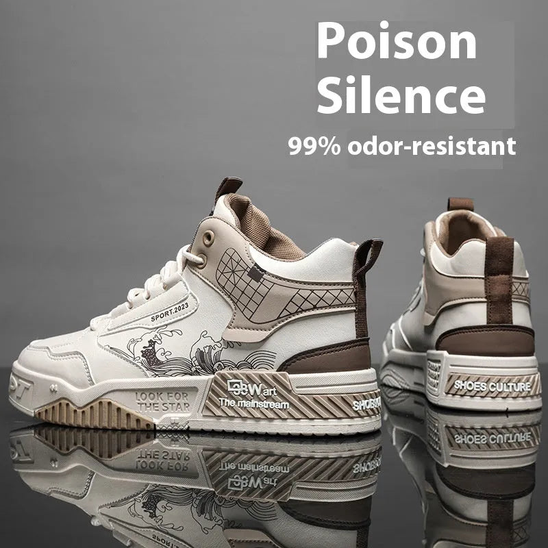 Men's beige high-top board shoes with lace-up front and rubber sole