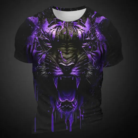 Men's grey T-shirt with detailed 3D tiger pattern on chest, short sleeves, pullover style
