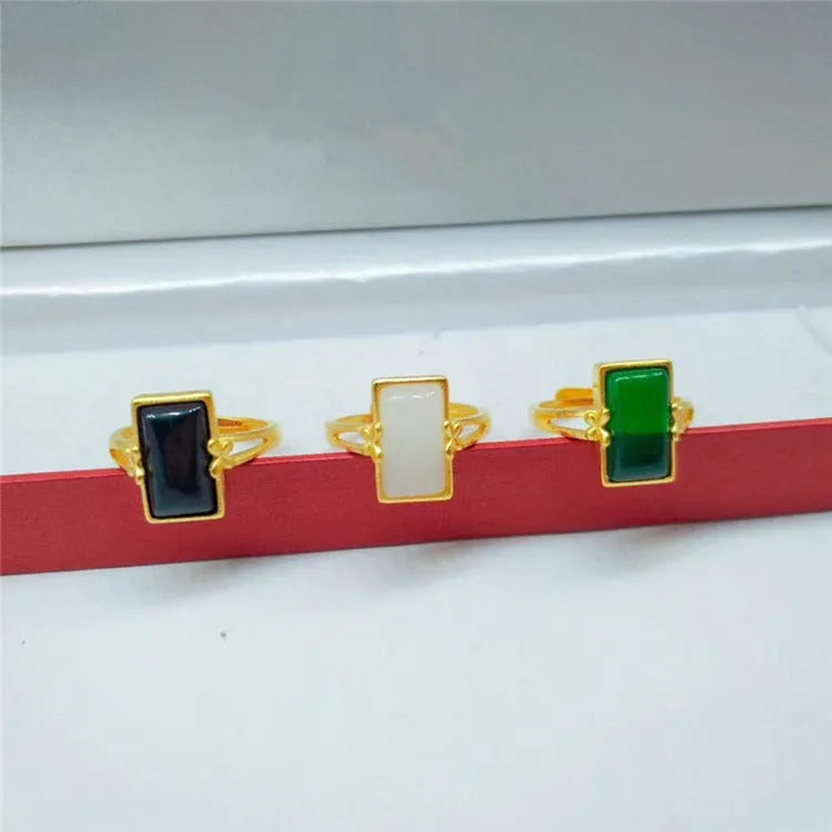 Adjustable brass ring with gold plating and gemstone inlay in national style design