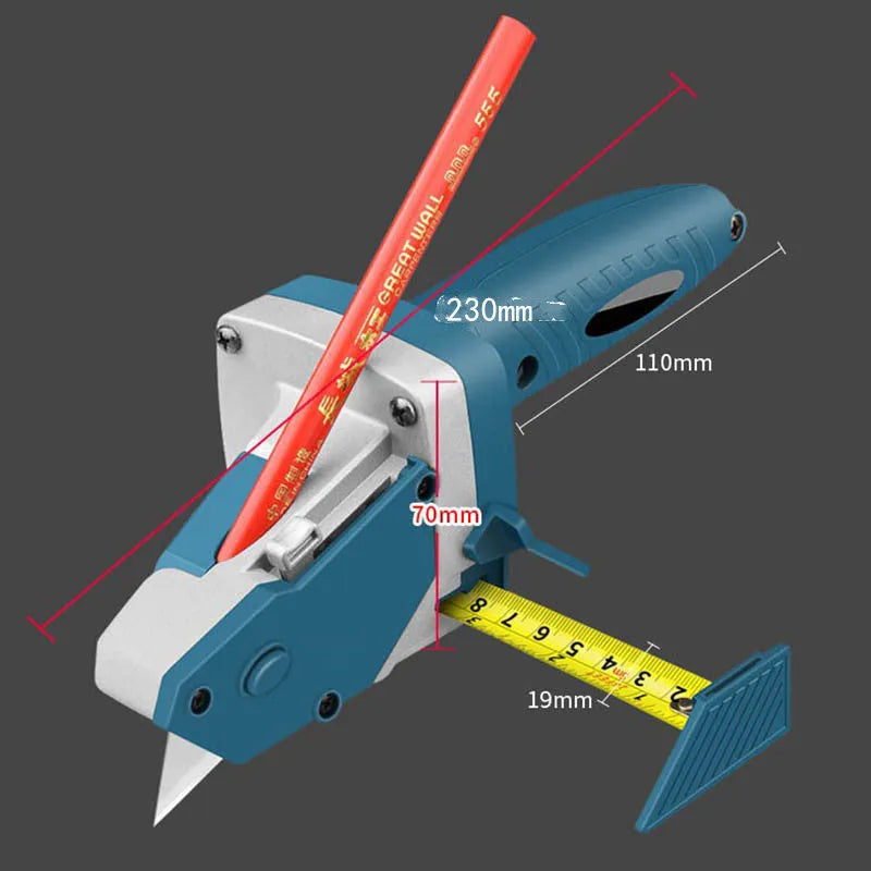 Blue aluminium alloy and plastic woodworking cutter with a measuring scale and one-press lock.