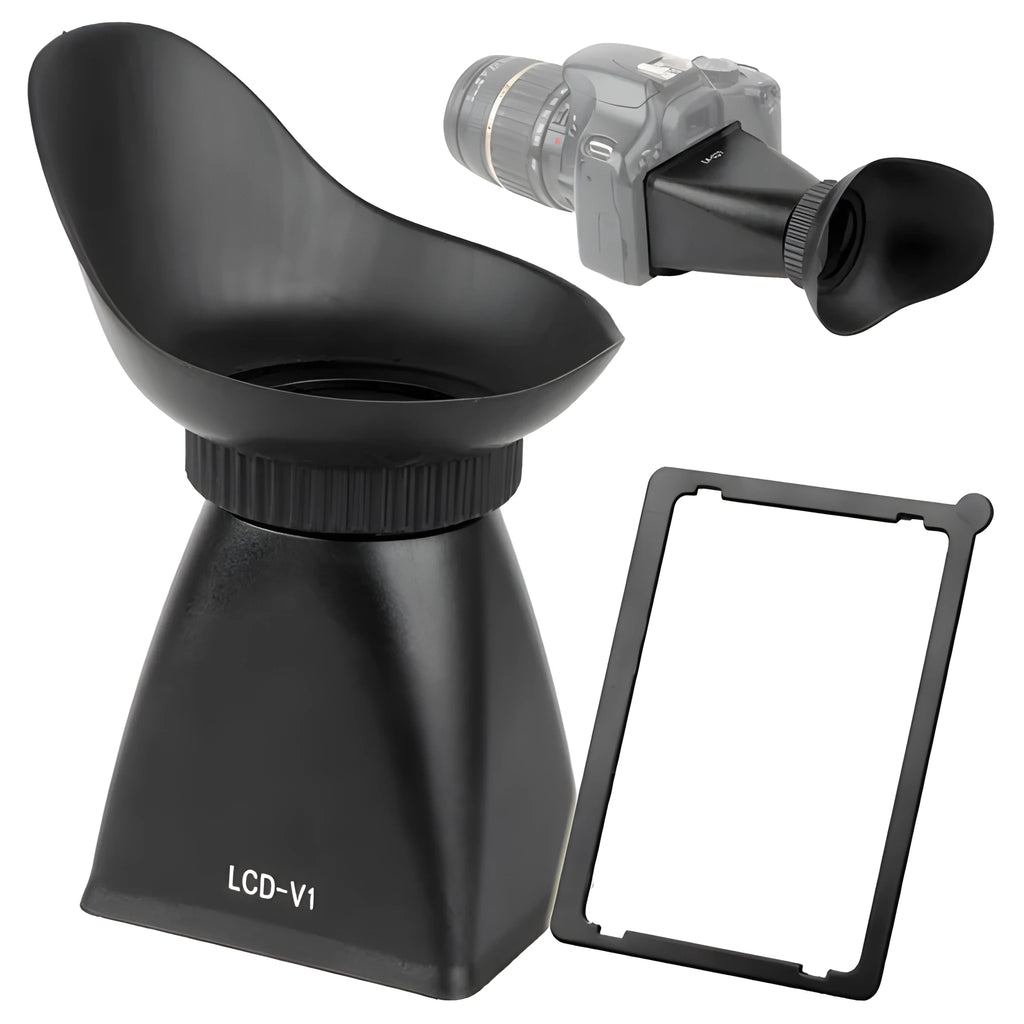 Black camera LCD viewfinder amplifier with 2.8x magnification mounted on a DSLR camera.