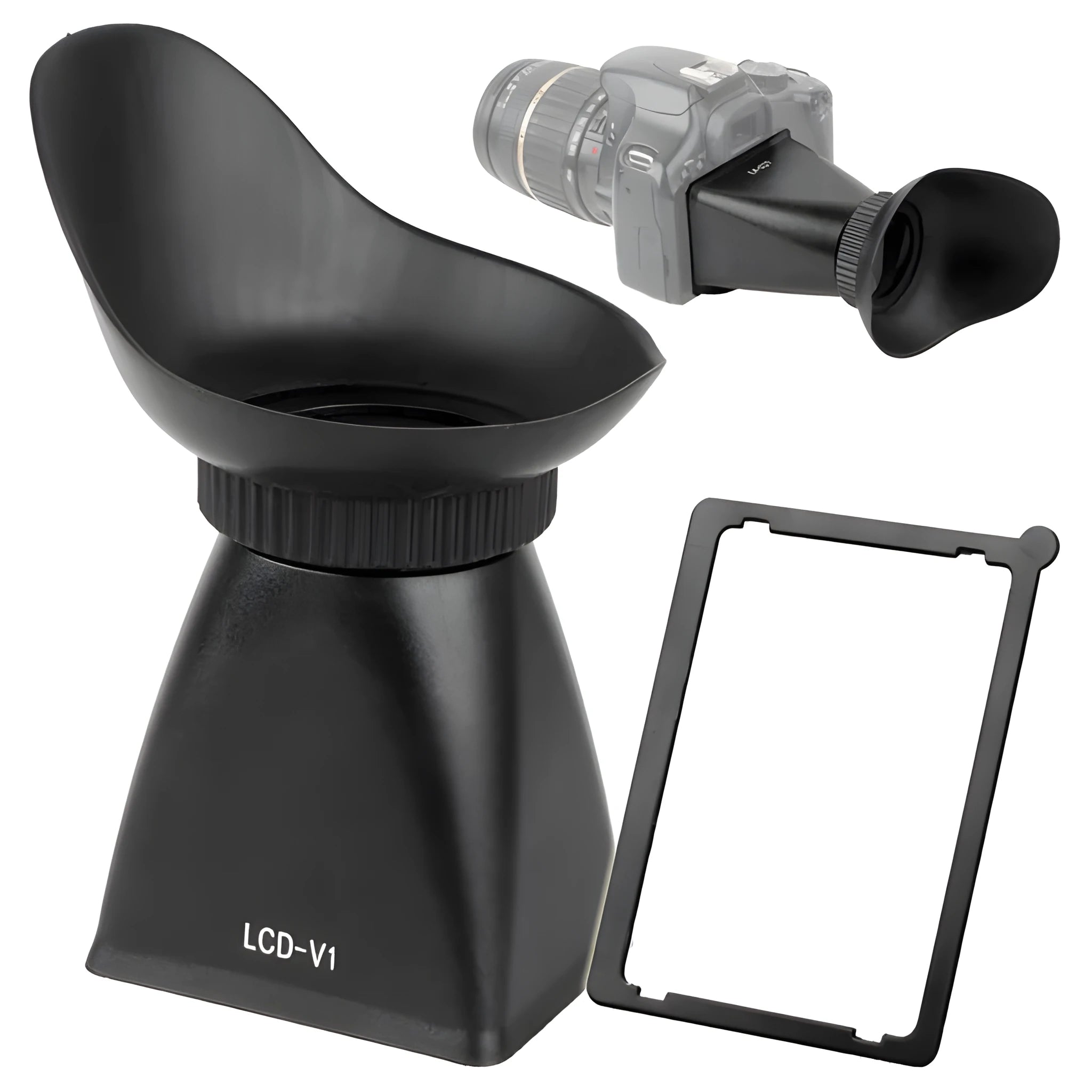 Black camera LCD viewfinder amplifier with 2.8x magnification mounted on a DSLR camera.