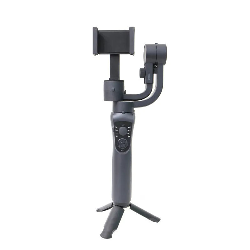 Black three-axis handheld gimbal stabilizer with tripod and protective cases