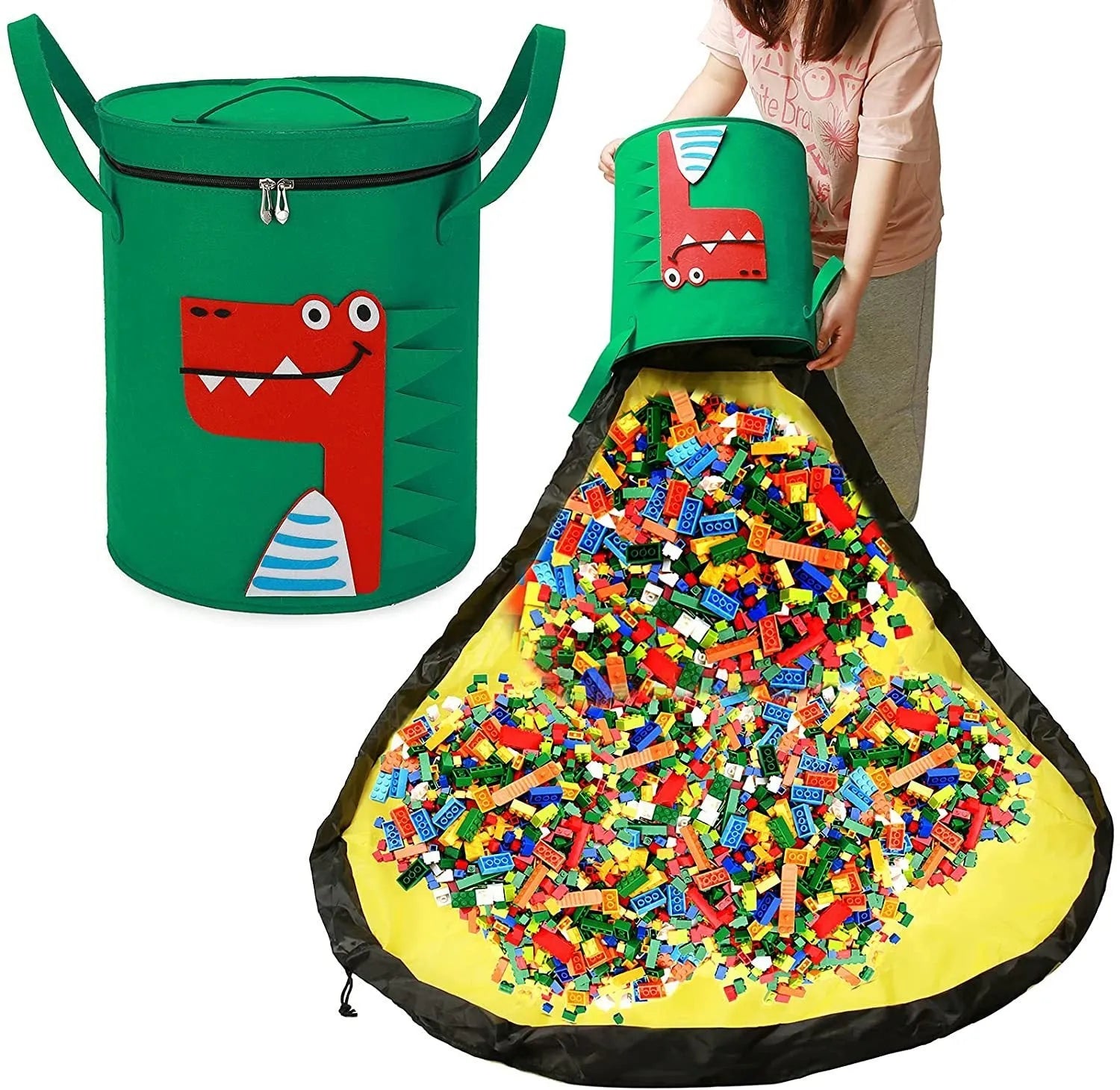 Green felt cube storage bag transformed into flat play mat with pull rope