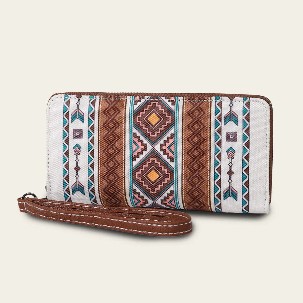 Bohemian striped RFID wallet in canvas with anti-theft card protection measuring 20x10cm
