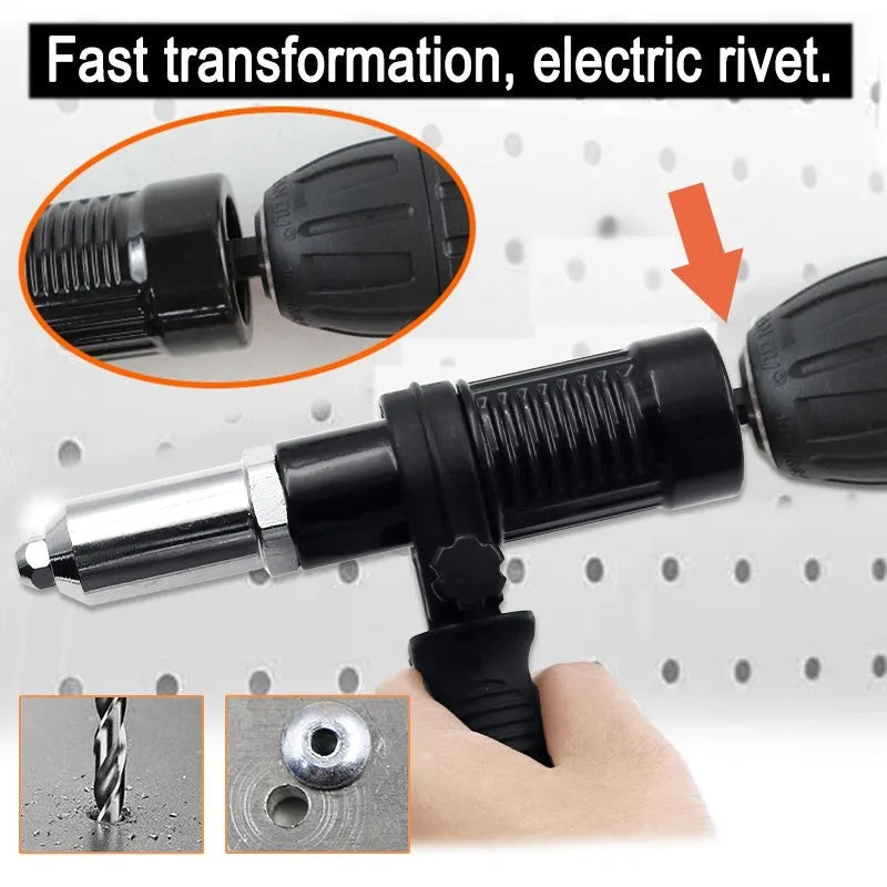 Black metal electric drill rivet gun attachment, 173mm long with alloy steel head.
