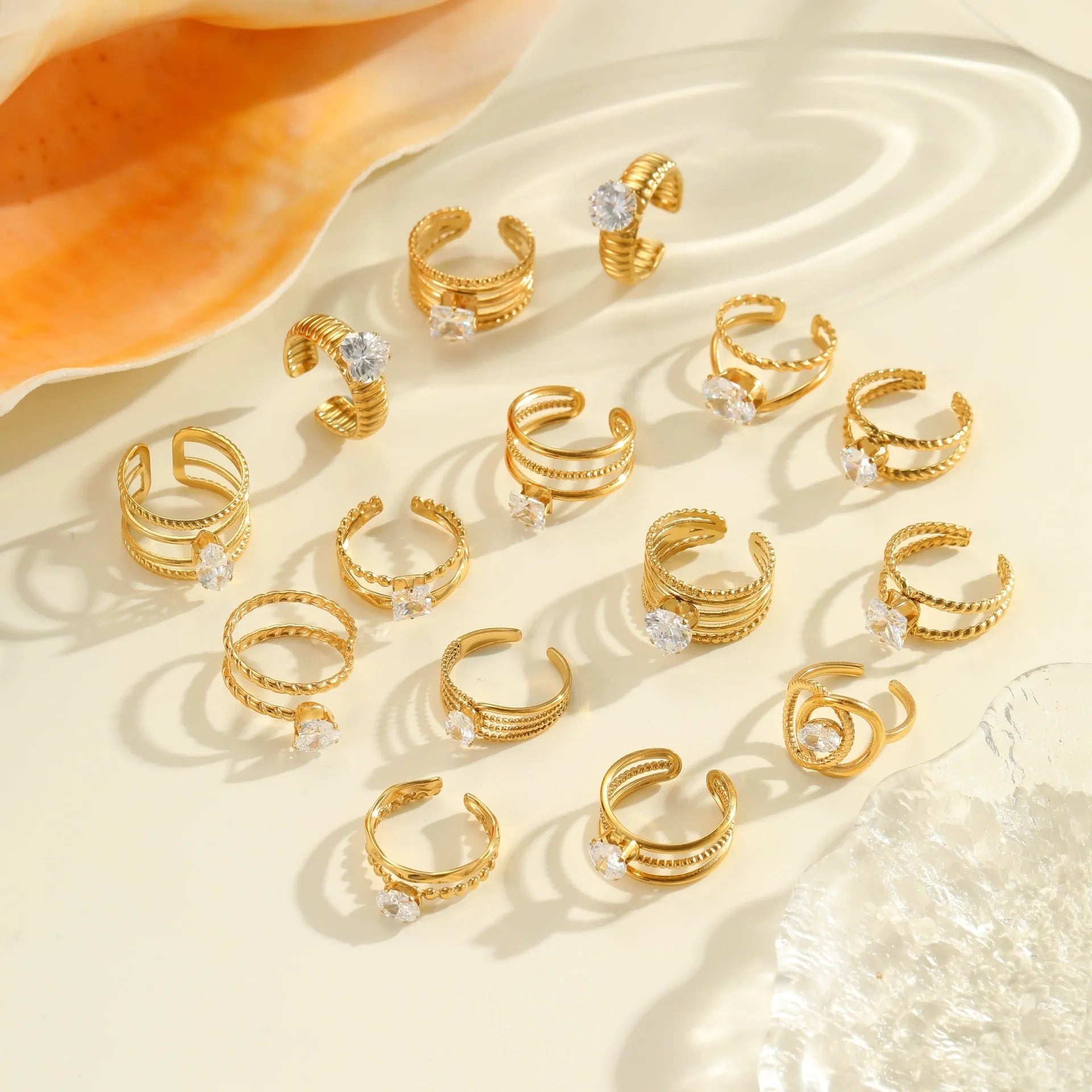 Gold inlaid zircon stainless steel geometric ring with heart and drop shapes