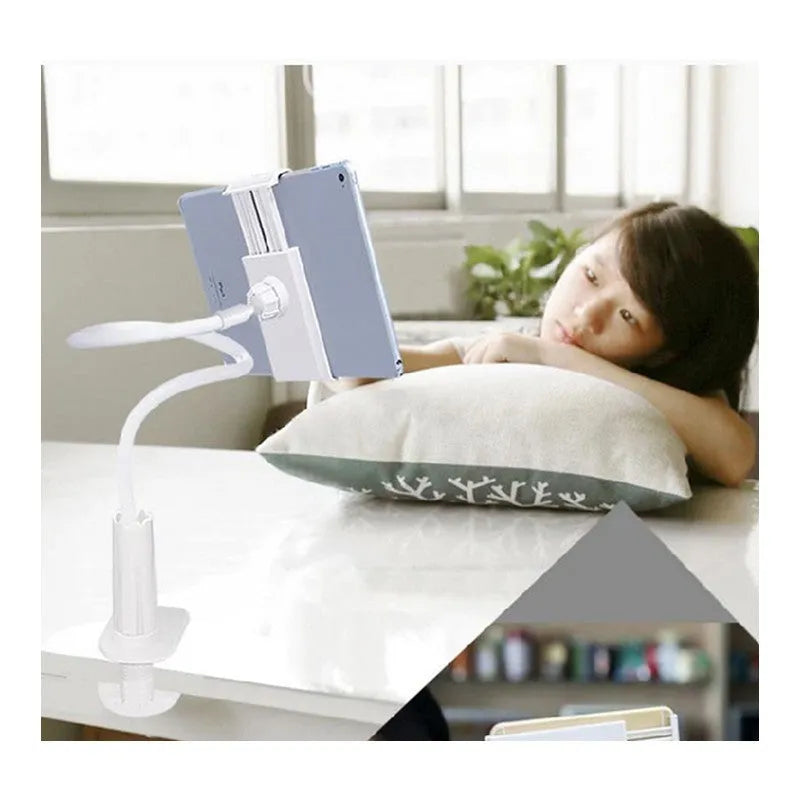 Black and white flexible mount holder with adjustable magnalium arm and suction base for phone tablet mounting