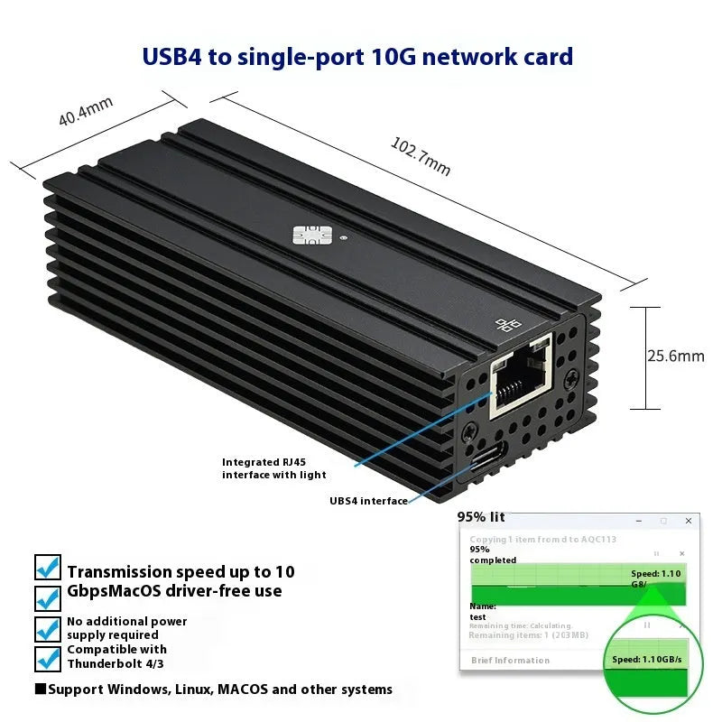 Black Leyu USB4 to 10 Gigabit Ethernet adapter with RJ45 port and cable for Thunderbolt 3 and 4 laptops