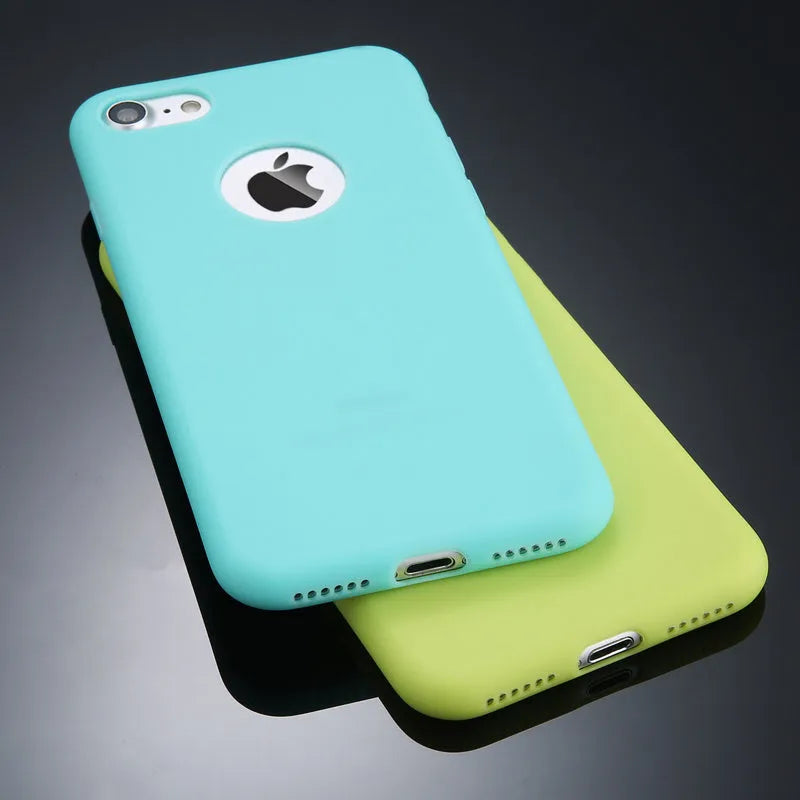 Candy colour soft silicone TPU back cover case for various iPhone models on a white background.