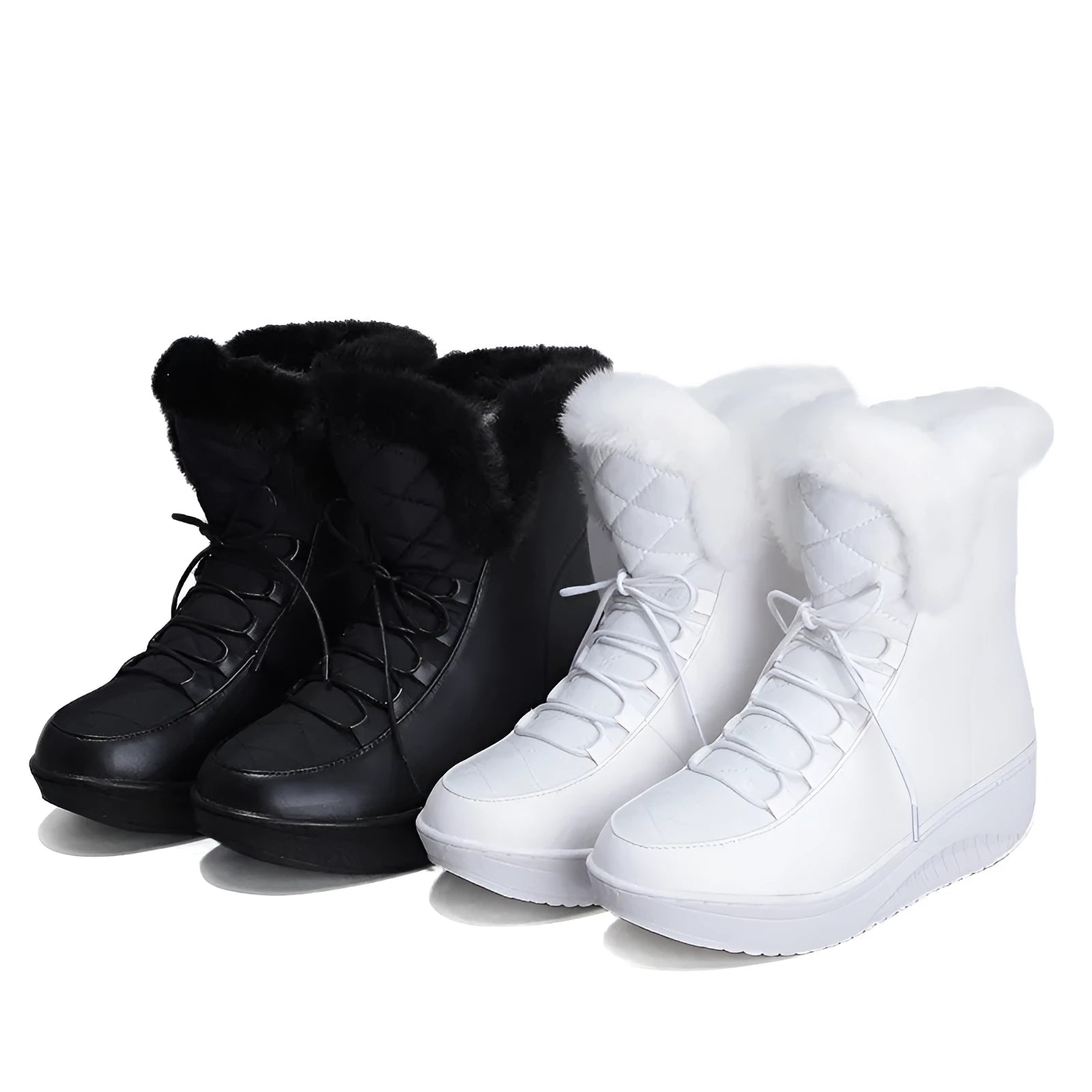 Women's black lace-up winter boots with a platform heel on a white background.