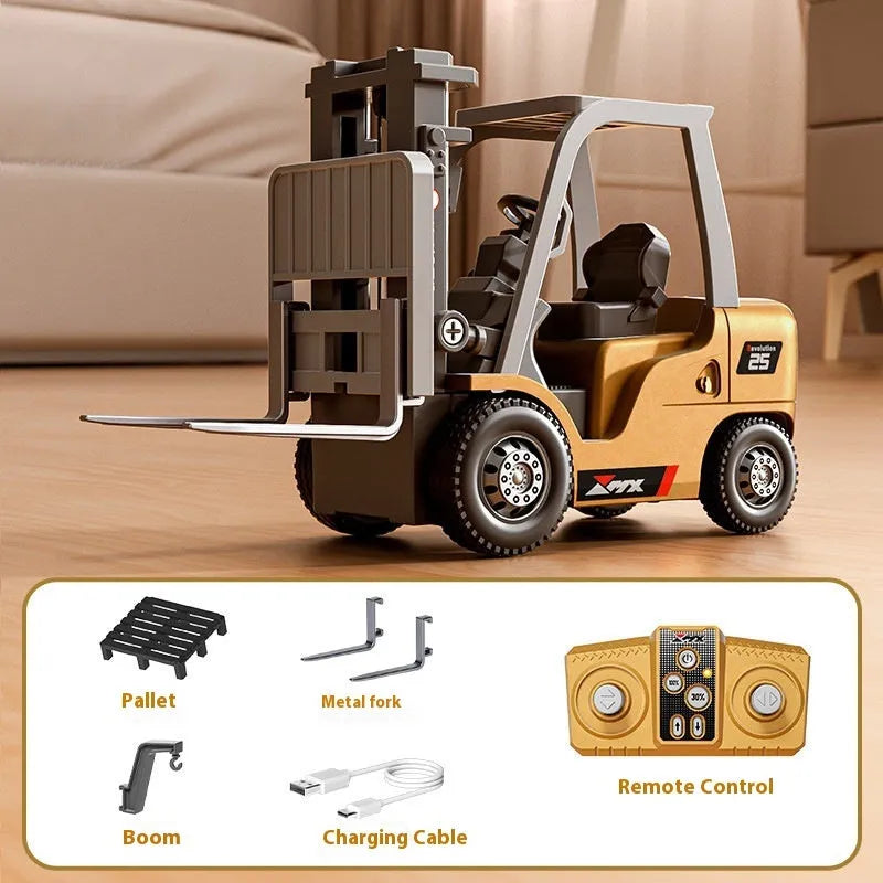1:64 scale silver alloy remote control forklift toy with cargo hook on a pallet.