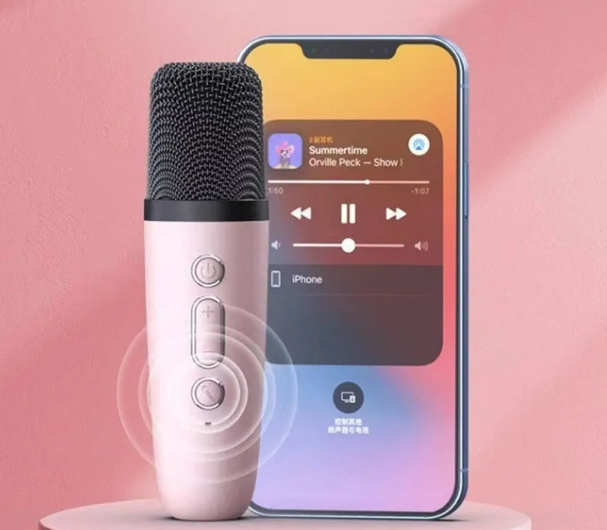 Portable Bluetooth karaoke microphone speaker with coloured LED lights in white, pink, or sky blue