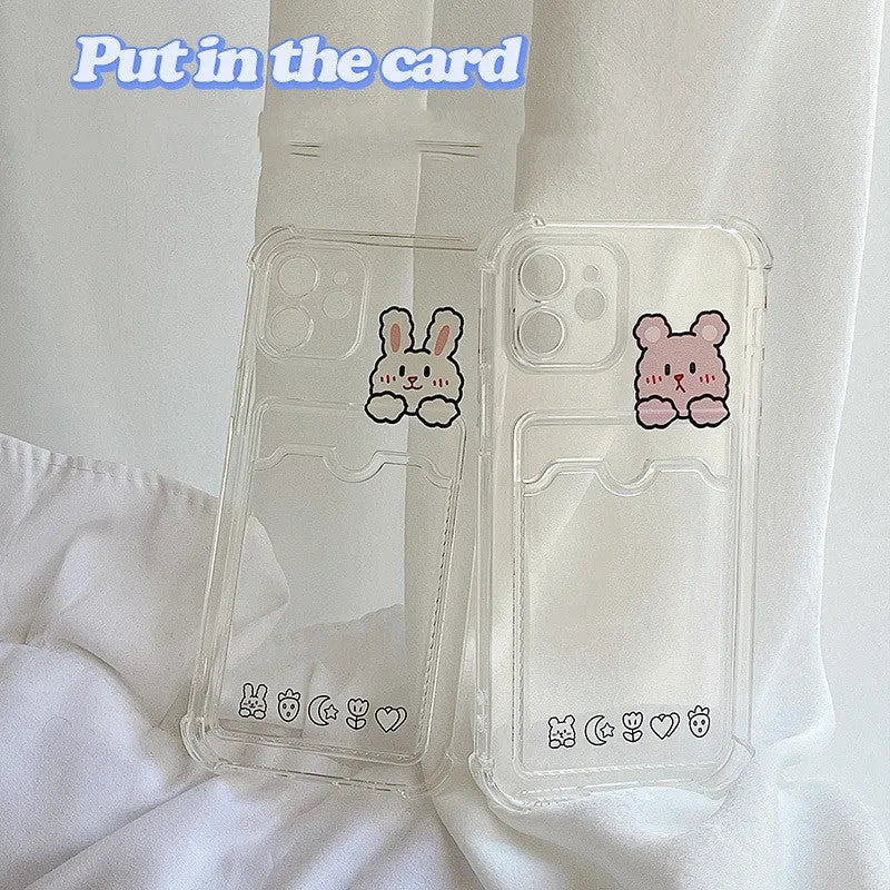 Clear cartoon printed iPhone case with card holder slot on the back.