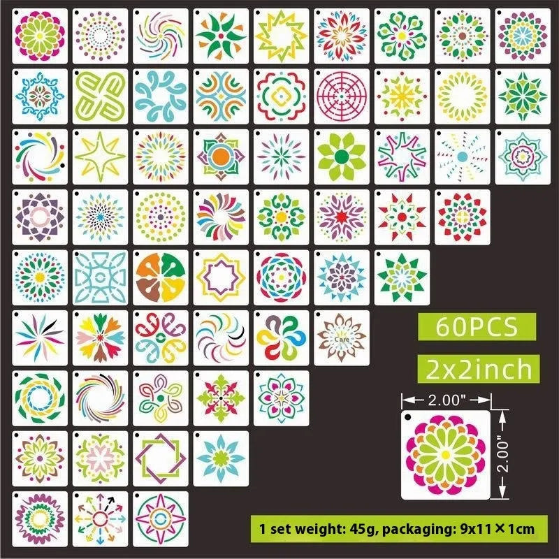 700-piece collection of 2-inch PET film spray painting stencils showing flower, animal, ocean, Hawaiian, and letter designs