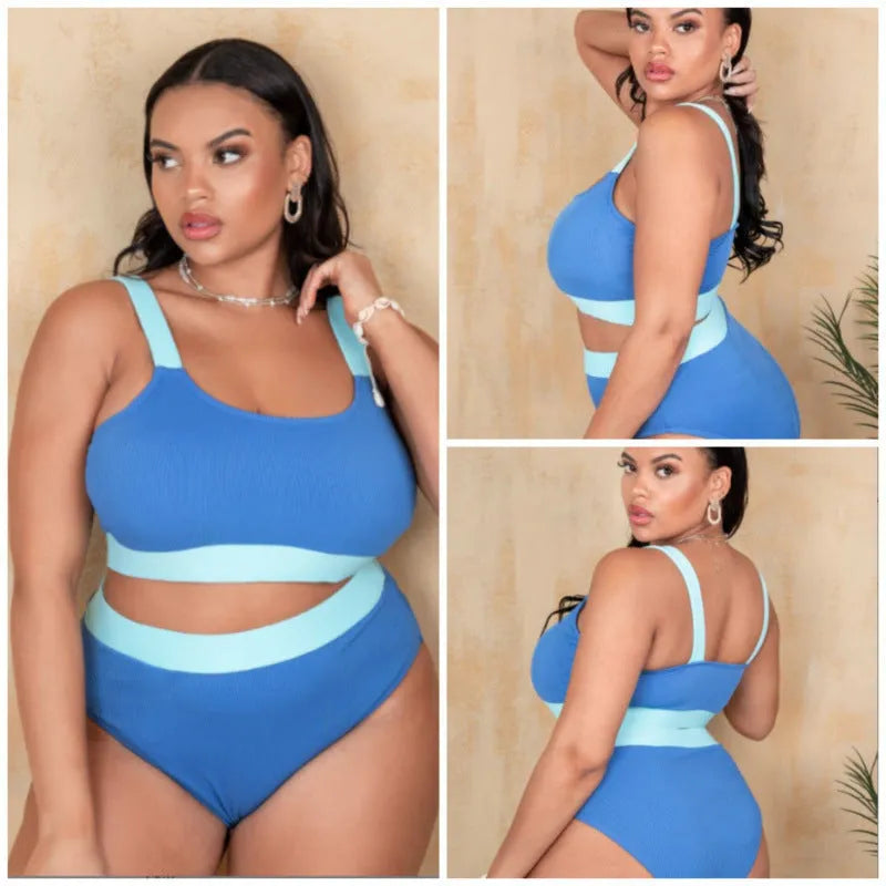 Women's high waist one-piece swimsuit in solid colour with decorative stitching